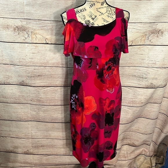 Clara Sun Woo Dress Cold Shoulder Flutter Sleeves Floral Size XS Red Pink - Picture 1 of 8